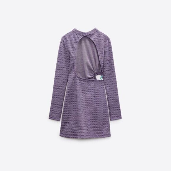 NWT Zara lilac jacquard print cut out back, heart detail side short dress, L - Picture 5 of 9